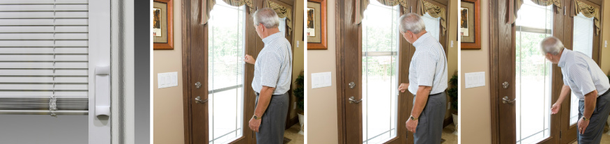 ProVia internal blinds example photo. Blinds on the left and the following three images to the right show a man using the internal blind system on a door.