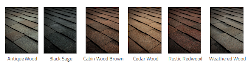 Six shingle color samples from the Tamko Hertiage Woodgate laminated asphalt line.