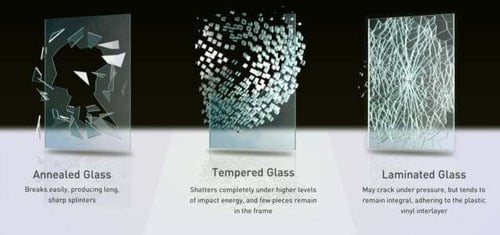 Example of broken annealed glass, tempered glass, and laminated glass
