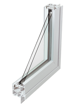 Corner cut example of Sierra Pacific's vinyl window with double pane glass.
