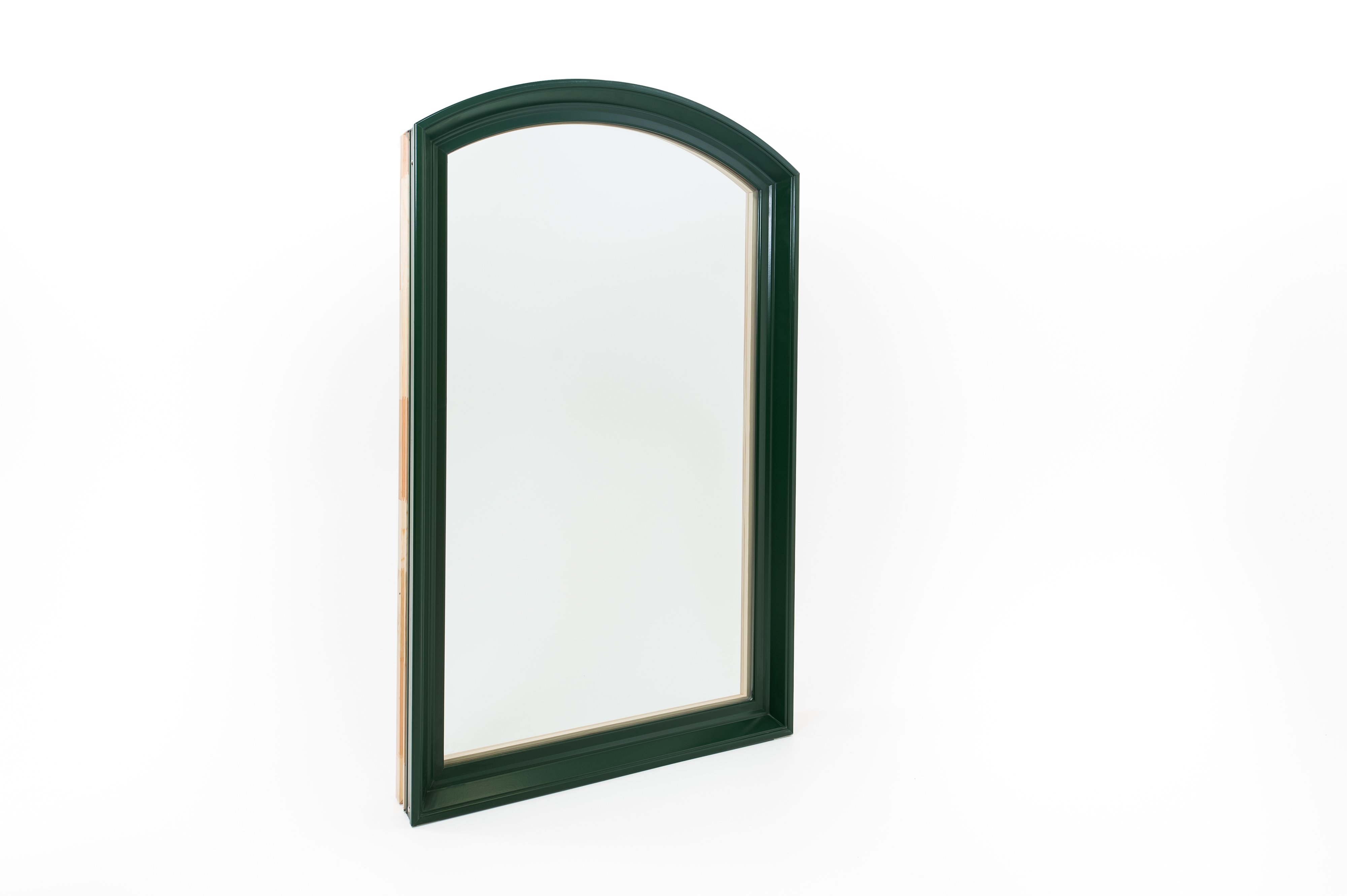 Andersen 400 Series green and pine wood eyebrow picture window.