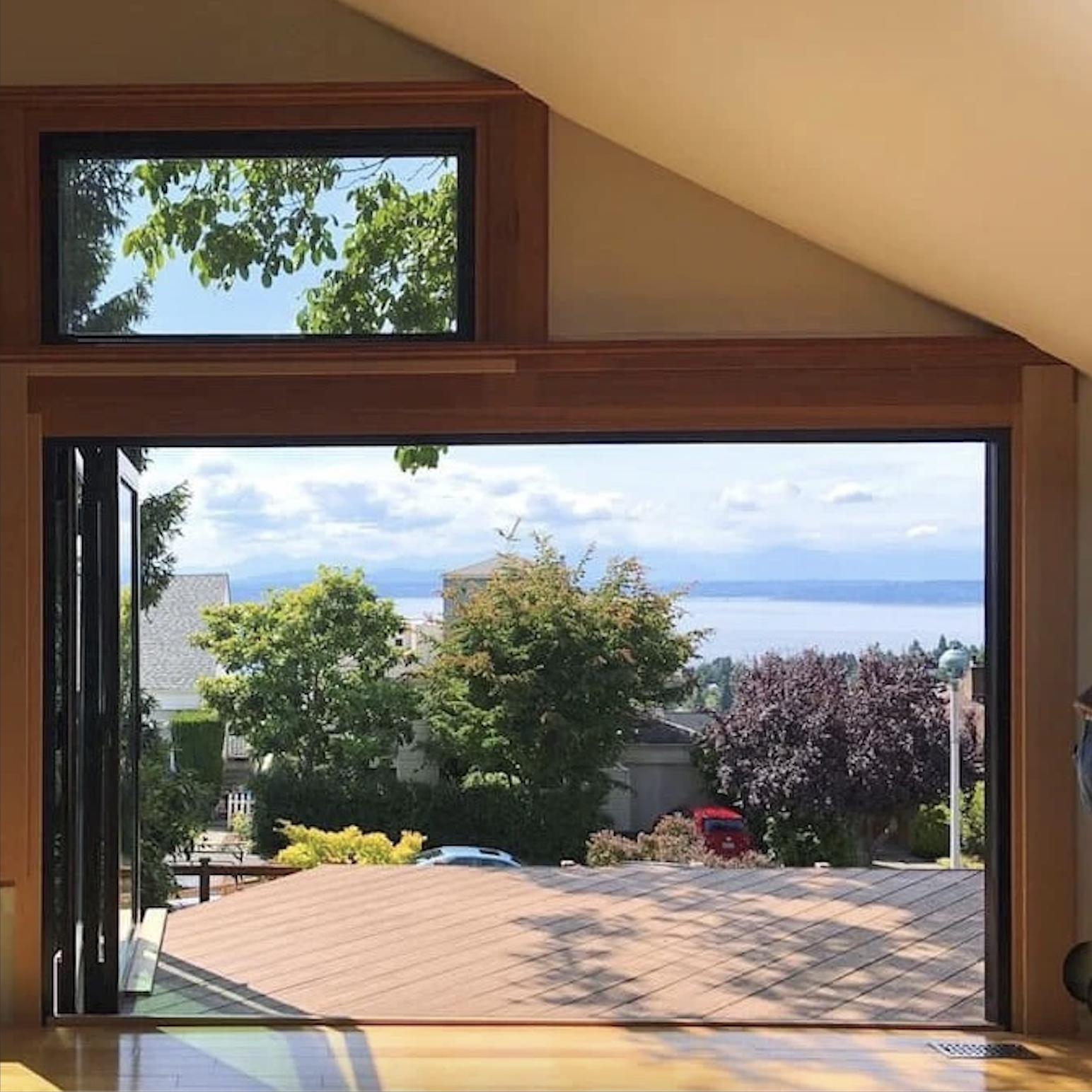 Interior view of open Pella folding doors. Photo from Pella.