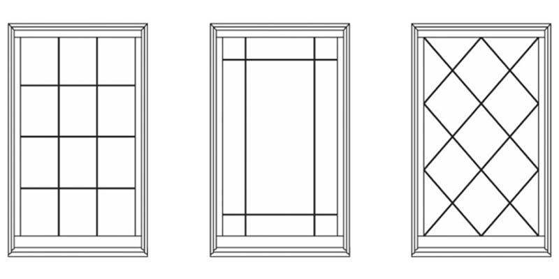 Illustration of common window patterns; colonial, prairie, diamond.