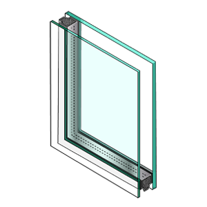 Illustration of corner cut of glass unit with dissimilar glass. First pane is thin, second pane is thick.