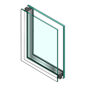 illustrated corner cut of window with laminated glass. The first pane is thin, the second pane is thick with line divider representing laminated layer