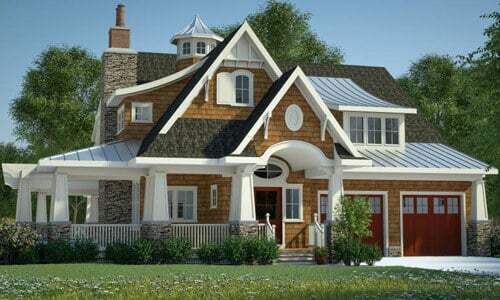 Example of a Shingle Style House with wide columns and red accent doors.