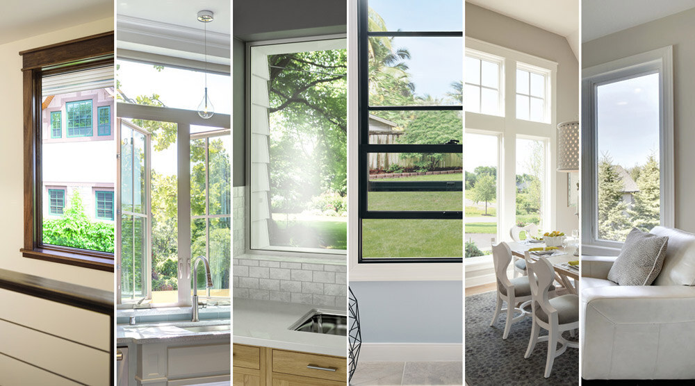 Interior view of windows. Each frame is made of a different material including wood, vinyl, aluminum, and fiberglass.