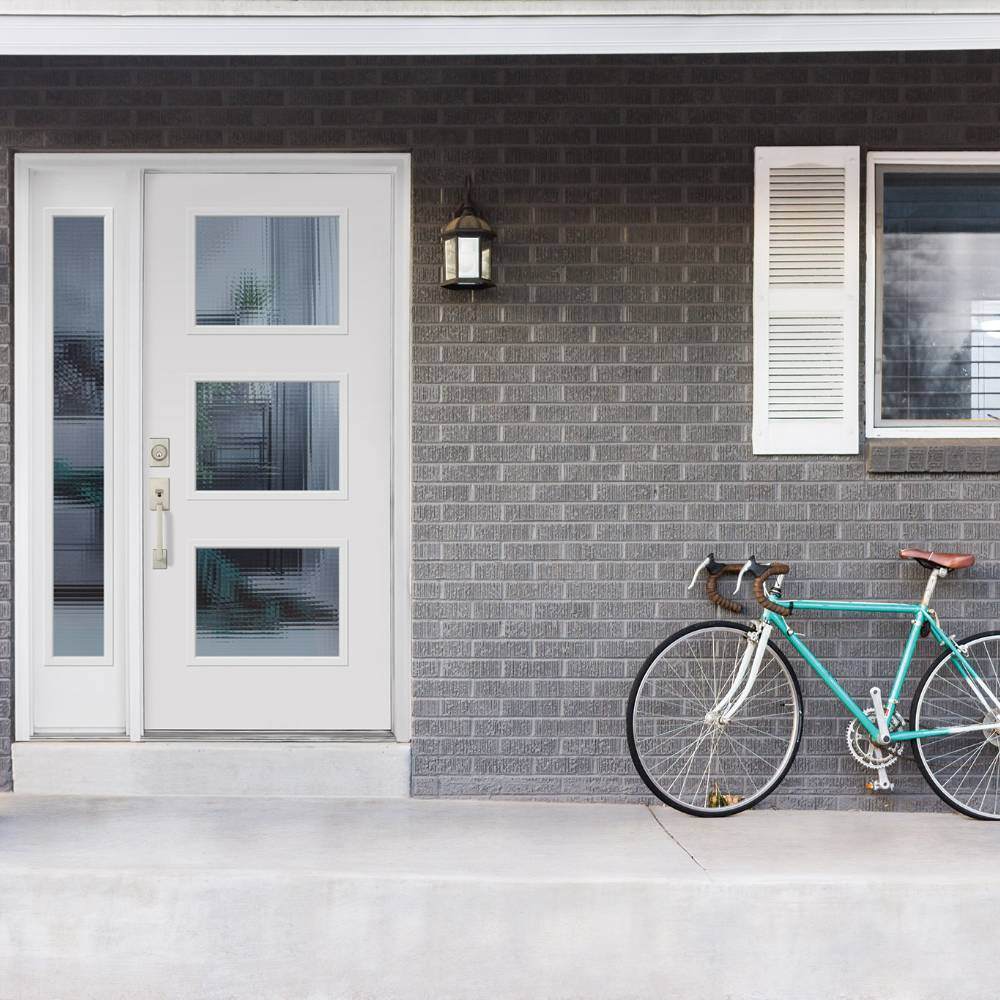 White entry door with large glass panels and one sidelite.