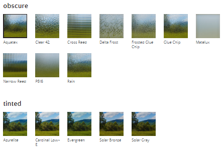 Samples of textured and tinted glass window options from Milgard.
