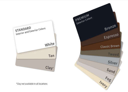 Color samples of Milgard Premium Vinyl window finishes.