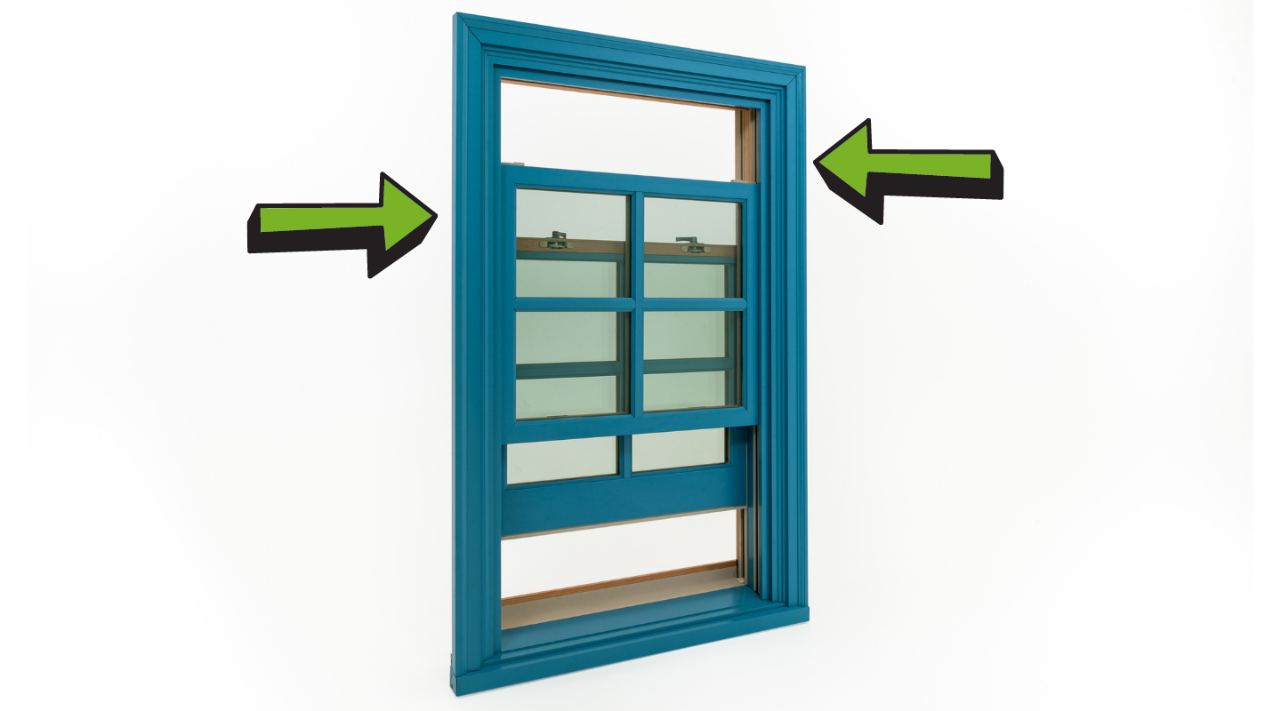 Blue Andersen double hung window with both top sash and bottom sash open. Photo by Brennan Enterprises.