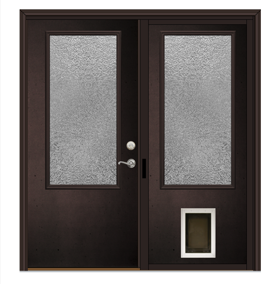 Double patio door with gray hardware, privacy glass, and a dog door.