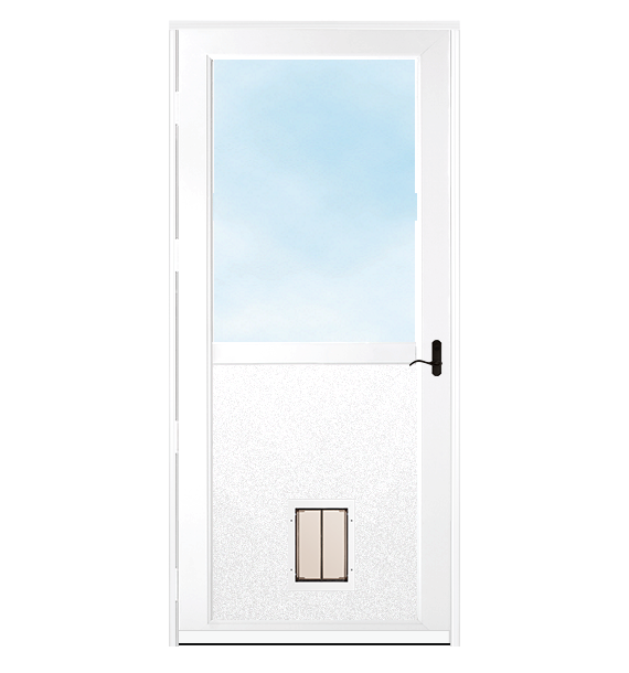 White storm door with dark hardware and plexidor pet door.