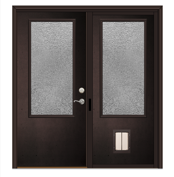 Dark bronze double patio doors with gray hardware and plexidor dog door.