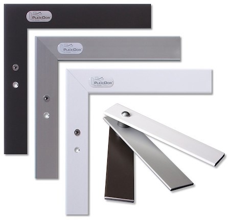 Frame corners showing colors for plexidor pet doors in bronze, silver, or white.