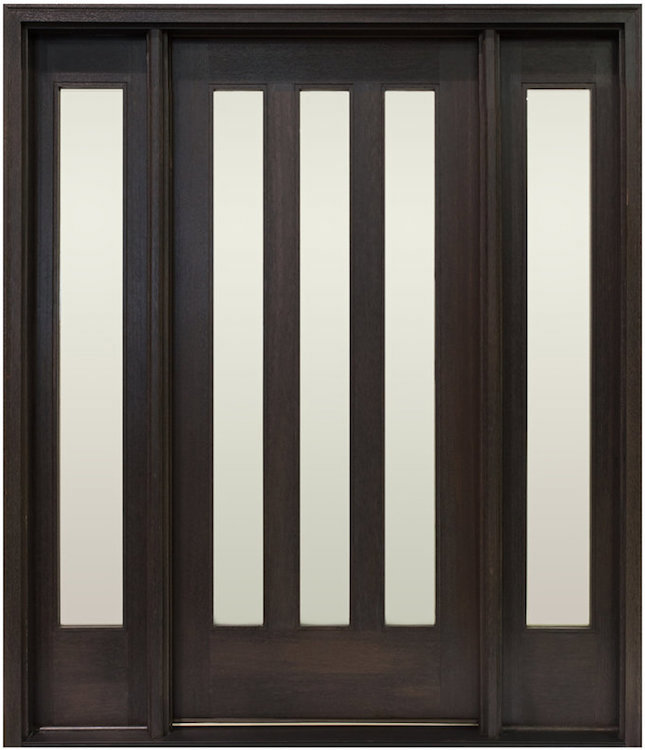 Contemporary front door slab with three vertical lites and sidelites on left and right of the door.
