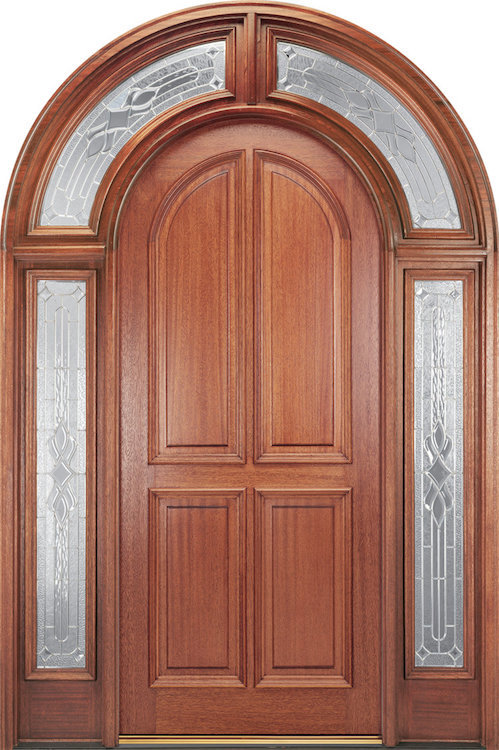 Arched-top wood front door with sidelites and arch transom.