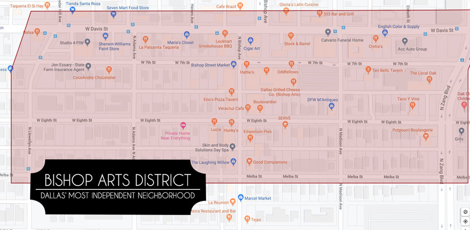 Map of Bishop Arts District with some shops labeled.