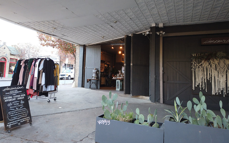 Harkensback storefront with large folding doors, located in Bishop Arts District.