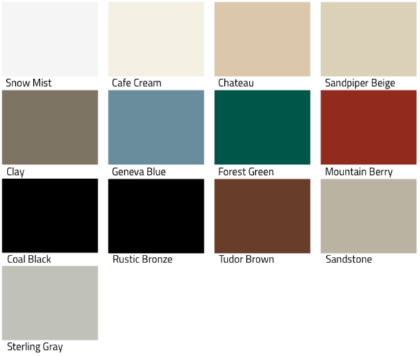 Color swatches for ProVia storm doors: Snow Mist, Cafe Cream, Chateau, Sandpiper Beige, Clay, Geneva Blue, Forest Green, Mountain Berry, Coal Black, Rustic Bronze, Tudor Brown, Sandstone, Sterling Gray.