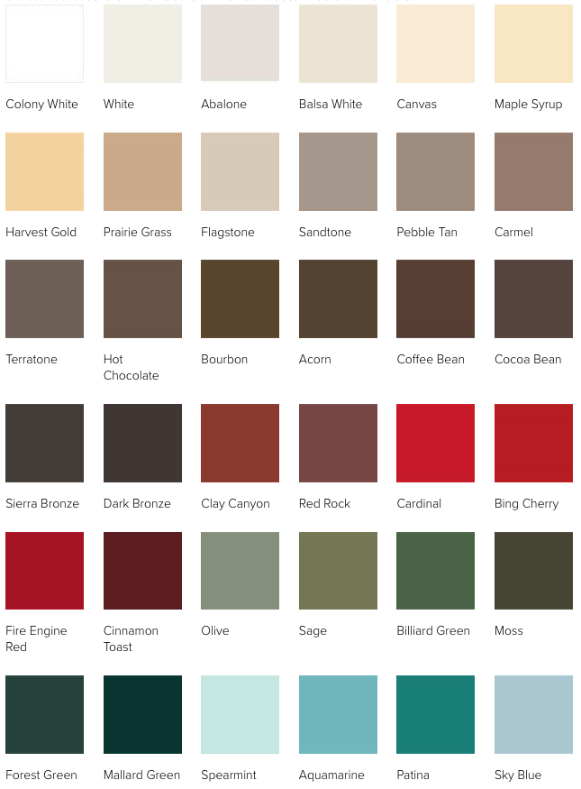 Sample color swatches for Andersen aluminum exteriors.