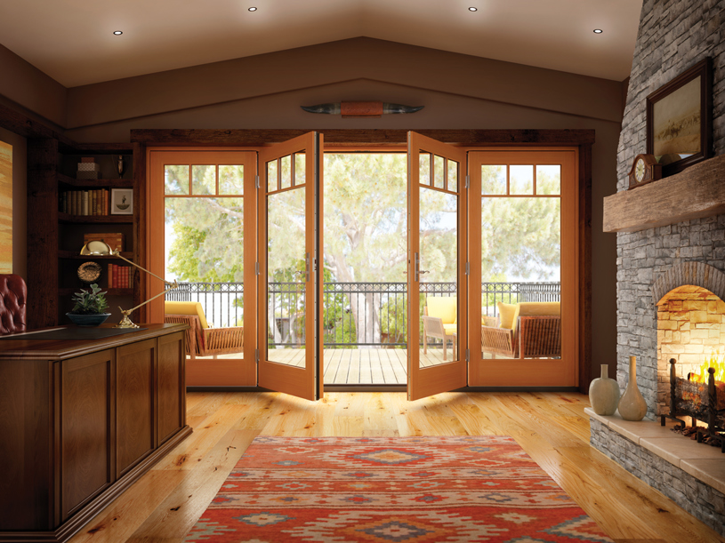 Home interior with inswing french patio doors.