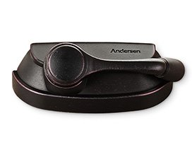 Andersen traditional folding lock and keeper for casement and awning windows.