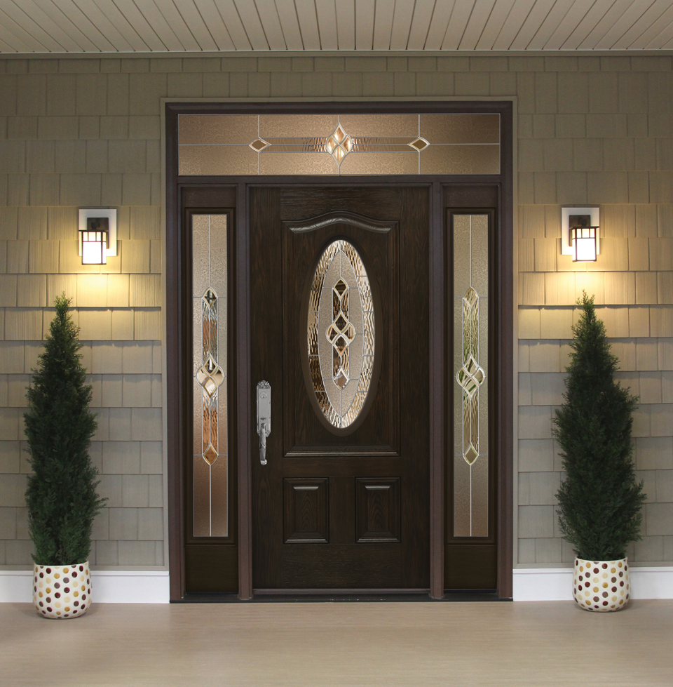 Example of a fiberglass door with an oval glass center window, glass sidelites, and a transom.