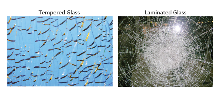 Broken tempered glass vs. broken laminated glass