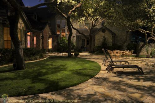 LED lighting casting dramatic shadows in backyard.