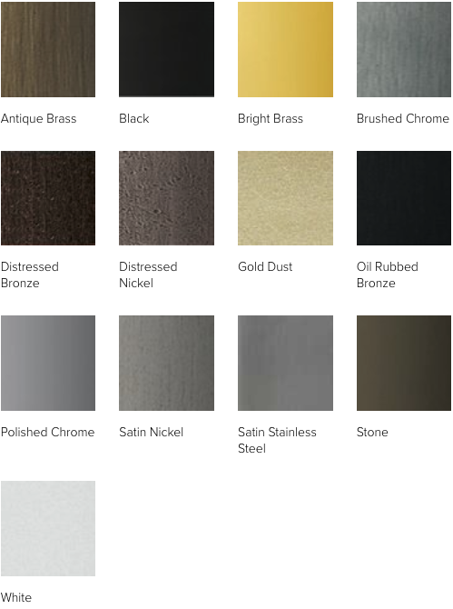 Hardware finishes for Andersen A-Series windows: Antique Brass, Black, Bright Brass, Brushed Chrome, Distressed Bronze, Distressed Nickel, Gold Dust, Oil Rubbed Bronze, Polished Chrome, Satin Nickel, Satin Stainless Steel, Stone, White.