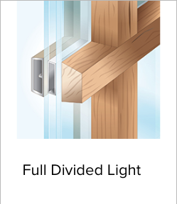 Illustration of Andersen's Full Divided Light window grilles.  Full Divided Light grilles give windows an authentic look with permanently applied exterior and interior grilles and a spacer between the glass.