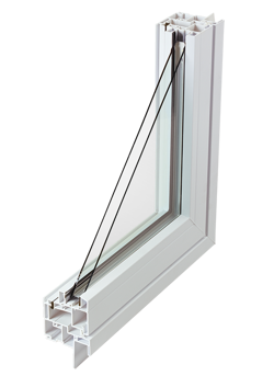 Corner cut example of Sierra Pacific's vinyl window with double pane glass.