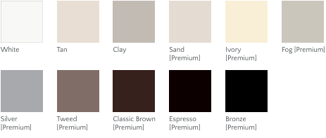 Milgard Style Line and Tuscany window exterior color options. Color options include: White, Tan, Clay, Sand (premium option), Ivory (premium option), Fog (premium option), Silver (premium option), Tweed (premium option), Classic Brown (premium option), Espresso (premium option), Bronze (premium option).