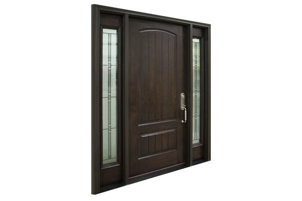 Dark stain ProVia Embarq Door with two sidelites.