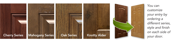 You can customize your ProVia Embarq® door by choosing a different style and finish for each side of the door. Doors are available in Cherry, Mahogany, Oak, and Knotty Alder finishes.