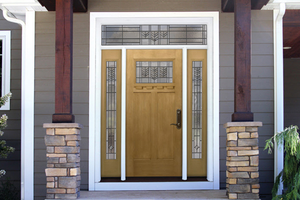 ProVia Signet Fiberglass door in a Honey Wheat stain. The Honey Wheat stain on this door has a yellowish tint that helps create a bright and welcoming feature to your front entrance.