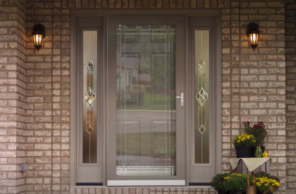 Image of a ProVia Storm Door with decorative glass sidelites.