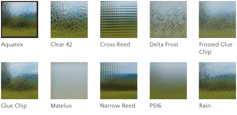 Milgard obscure glass options include: Aquatex, Clear 42, Cross Reed, Delta Frost, Frosted Glue Chip, Glue Chip, Matelux, Narrow Reed, P516, Rain.