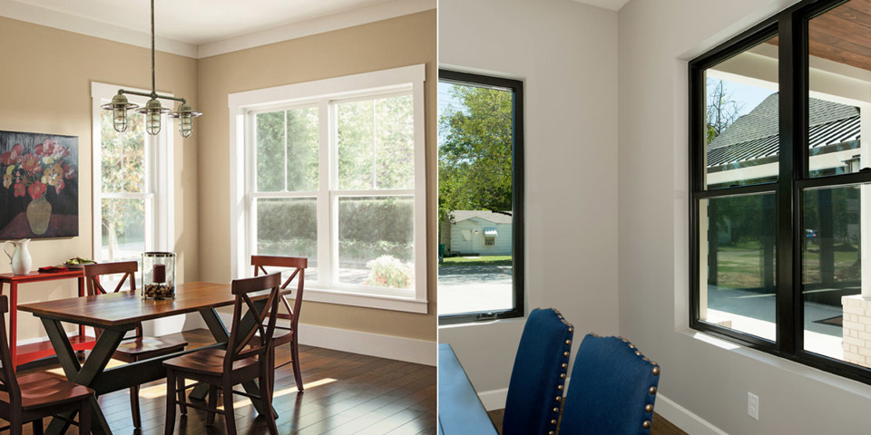 Comparison of traditional windows vs modern windows. Traditional windows tend to be in more neutral and warm colors while modern styles are bolder and cooler. Traditional window frames typically also have a casing or trim surround while modern windows go without.