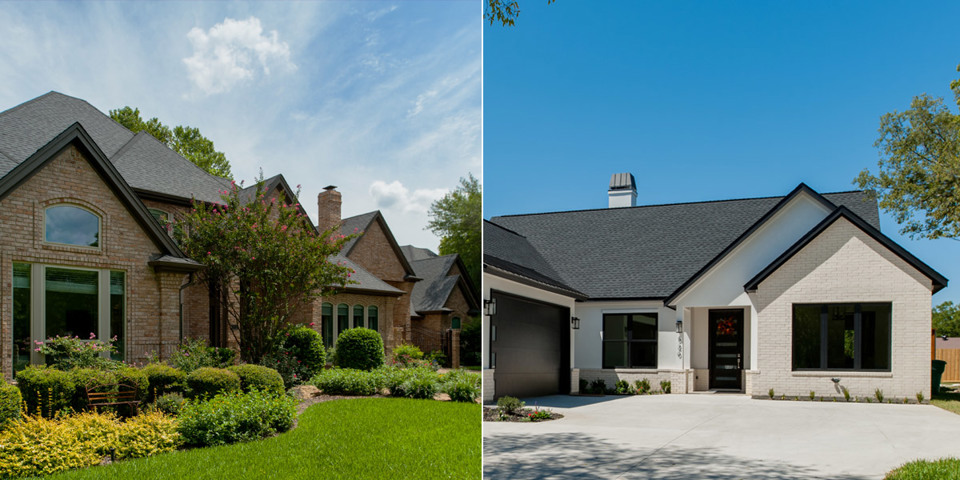 Example of windows on a traditional home versus windows on a more modern home. The traditional home opts for a warm tan color that complements the warm color of the brick while the modern home has dark window frames that match the dark roof and contrast nicely with the light brick and stucco facade.