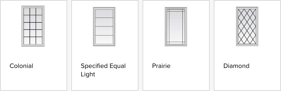 Example of common grid patterns: Colonial; Specified Equal Light; Prairie; Diamond