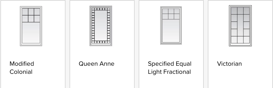Examples of popular grid patterns: Modified Colonial; Queen Anne; Specified Equal Light Fractional; Victorian