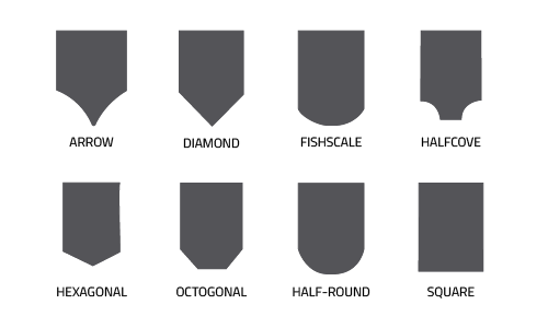 Examples of decorative shingle shape options: arrow, diamond, fishscale, halfcove, hexagonal, octogonal, half-round, and sqaure.