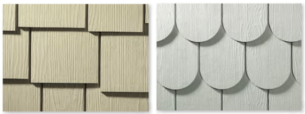side-by-side close ups of staggered edge siding profile (left) and half-round/scalloped siding (right)