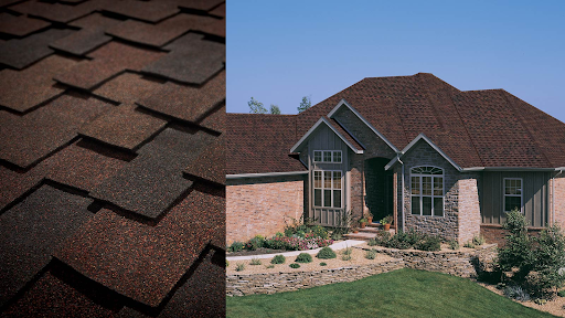 Two photos juxtaposed: one of a layer of shingles, the other a large home with a new tamko roof.