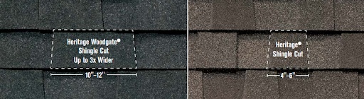 Side by side comparison of  Tamko Heritage and Heritage Woodgate shingles displaying width difference.
