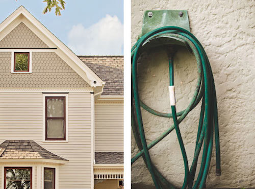 two photos, on the left is a house covered with lap siding and decorative siding, on the right is a green water hose.
