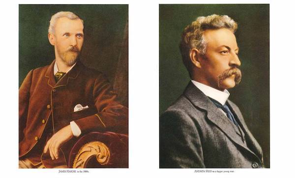 Two portraits of men, on the left is James Hardie, on the right is Andrew Reid.