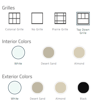 Graphic showing customization options for Jeld-Wen V-4500 windows. Grilles: colonial, no grille, prairie grille, top down grille; Interior colors: white, desert sand, almond; Exterior colors: white, desert sand, almond, black